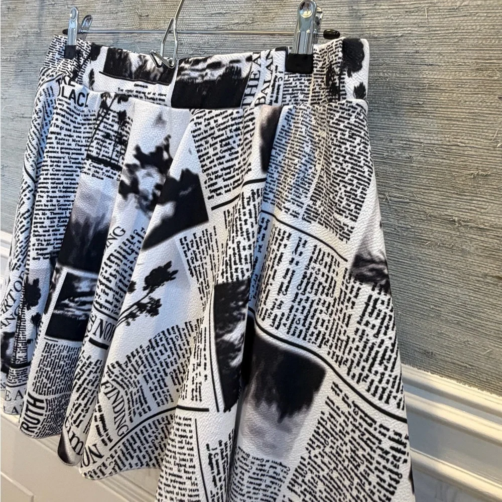 XL SHEIN Newspaper Print Black & White Skater Skirt built in shorts
